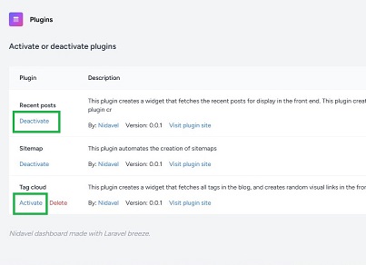 Nidavel dashboard overview - Plugins